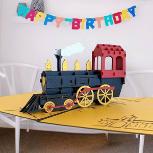 Handmade Gold & Black Steam Locomotive Pop Up Greeting Card - Pop Up Vehicle Cards