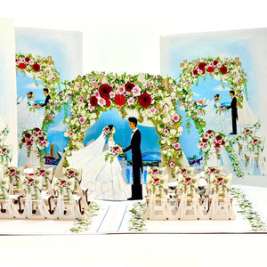 Bride and groom exchanging vows under rose arch 3D card