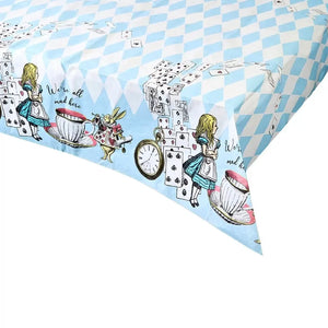 Blue Alice in Wonderland paper table cover with illustrated characters