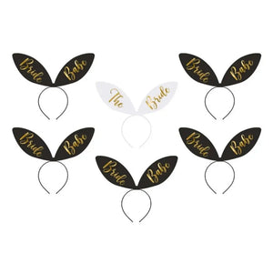 The Bride and Bride Babe bunny ear hen party headbands in a six-pack