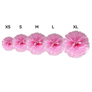 Set of pink flowers with size labels XS, S, M, L, XL on a white background