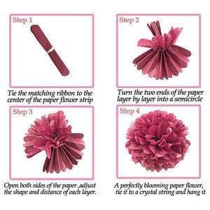Step-by-step guide to making a paper flower with pink ribbon and paper layers.