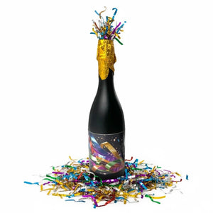 Champagne Bottle Party Popper with rainbow confetti explosion