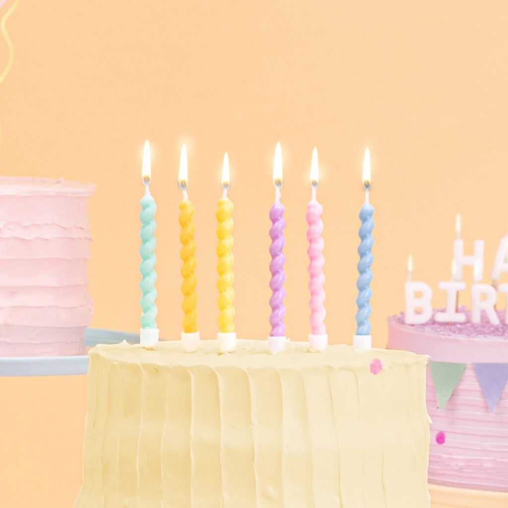 Twisted Curly Pastel Rainbow Candles with Picks 6pk birthday cake decorations
