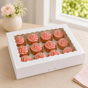 Cake Craft white 12 hole cupcake box with clear display window.