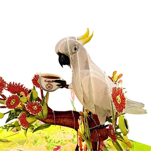 Australian white cockatoo morning coffee pop-up greeting card
