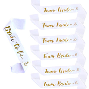 Pack of 7 White Bride To Be & Team Bride Sashes with Diamond Ring - Gold Foil Print