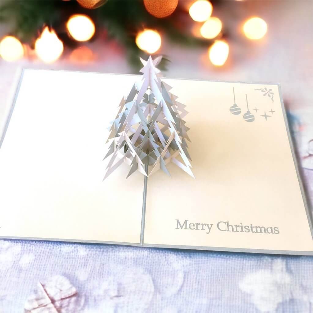 Handmade White & Grey Christmas Tree Pop Up Greeting Card - 3D Pop Up Xmas Cards