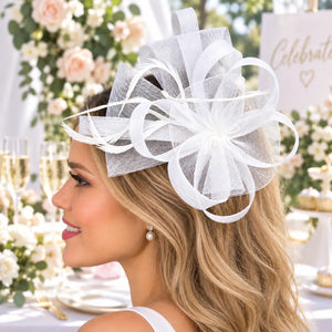 Abstract white mesh headpiece for race-day styling