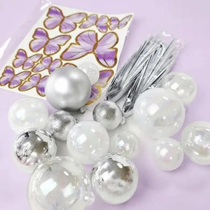 White Butterfly Cake Toppers with Silver Decorative Balls