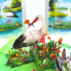 White Stork Bird in Lake with Spring Flowers 3D Pop-Up Greeting Card