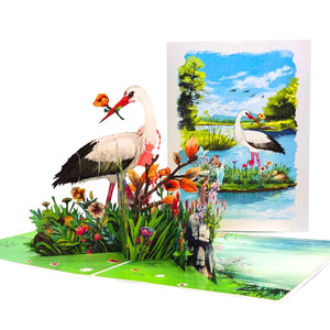 White Stork Bird in Lake with Spring Flowers 3D Pop-Up Greeting Card