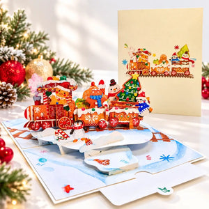gingerbread Christmas train 3D greeting card displayed with festive Christmas decorations