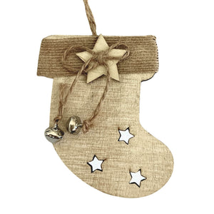 Vintage wooden Christmas stocking ornament with hessian and silver bells