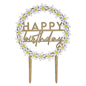 Wooden Ditsy daisy Happy Birthday Cake Topper with Daisies
