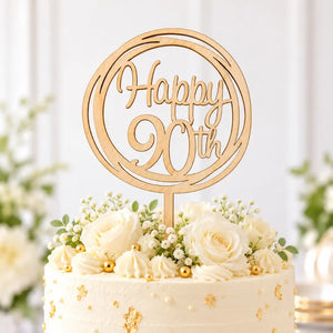 Wooden Geometric Round 'Happy 90th' Script Cake Topper