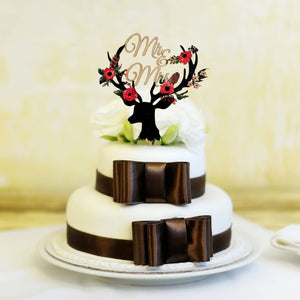 Vintage Wood 'Mr & Mrs' Floral Antler Wedding Bridal Shower Cake Topper