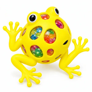 Yellow frog sensory squeeze toy filled with multicoloured water beads