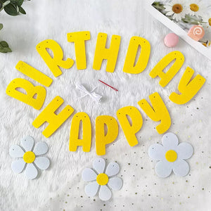 Yellow Happy Birthday with White Daisy Flower Felt fabric Banner Bunting