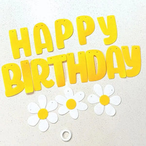 Yellow Happy Birthday with White Daisy Flower Felt Banner
