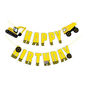 Yellow Excavator & Dumper Truck Happy Birthday Paper Banner
