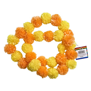 Indian traditional yellow and orange pom pom garland measuring 158cm with fluffy marigold-inspired decorations