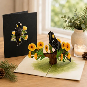 Yellow Tailed Black Cockatoo On Gold Gum Blossom 3D Origami Pop Up Native Bird Greeting Card