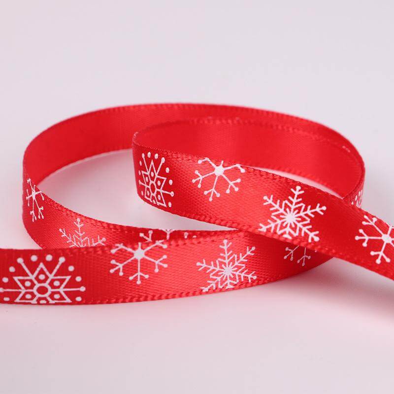 10mm x 22m Christmas Snowflake Printed Red Satin Ribbon Spool (25 Yards)