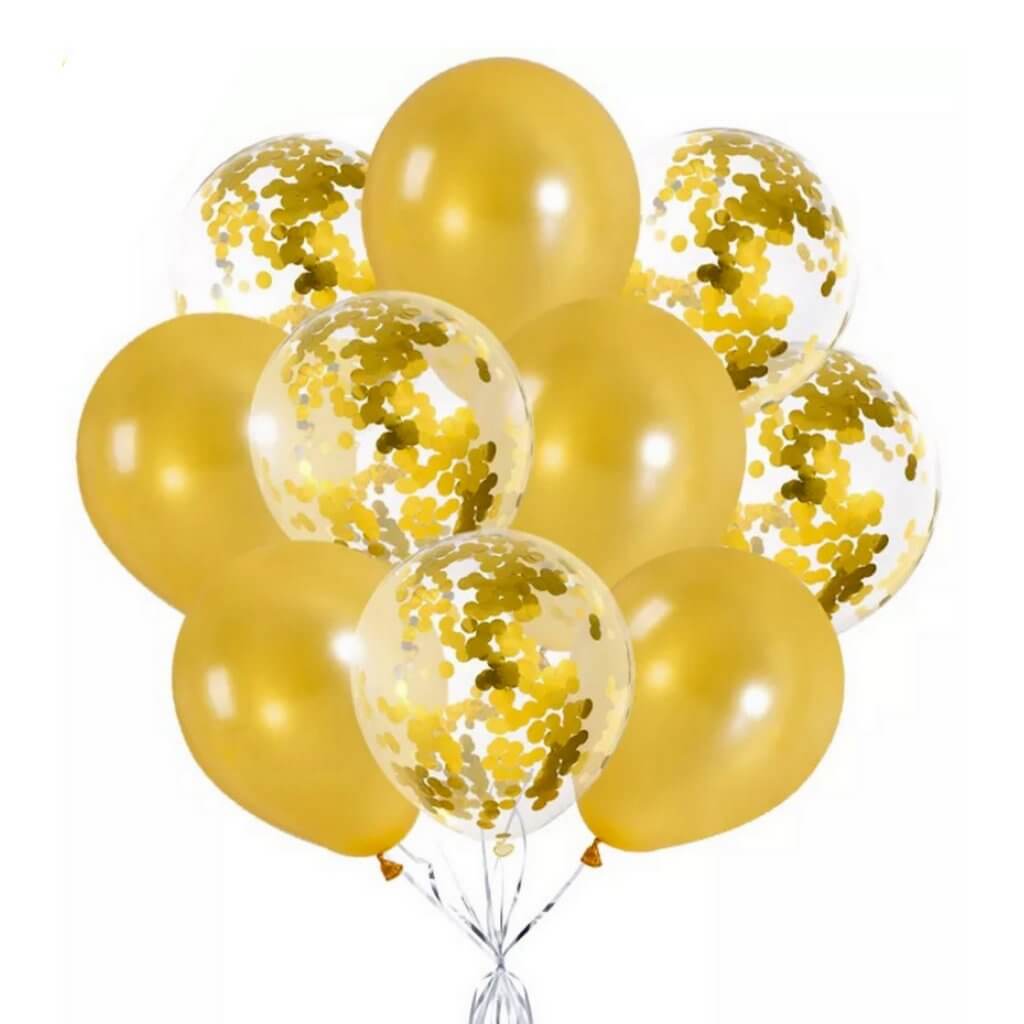 12-inch pearl Gold latex  & confetti Balloon Bouquet - 10pcs Bundle