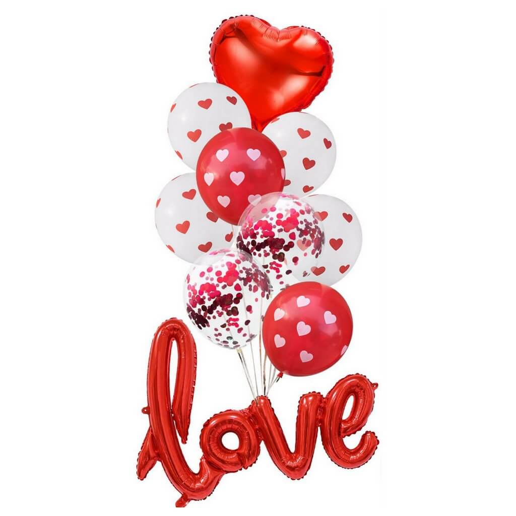 Red Heart Love Script Confetti Heart Polka Dot Balloon Bundle (Pack of 10)