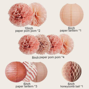 Peach & Rose Gold Paper Pom Pom and Round Lantern 11 Pack