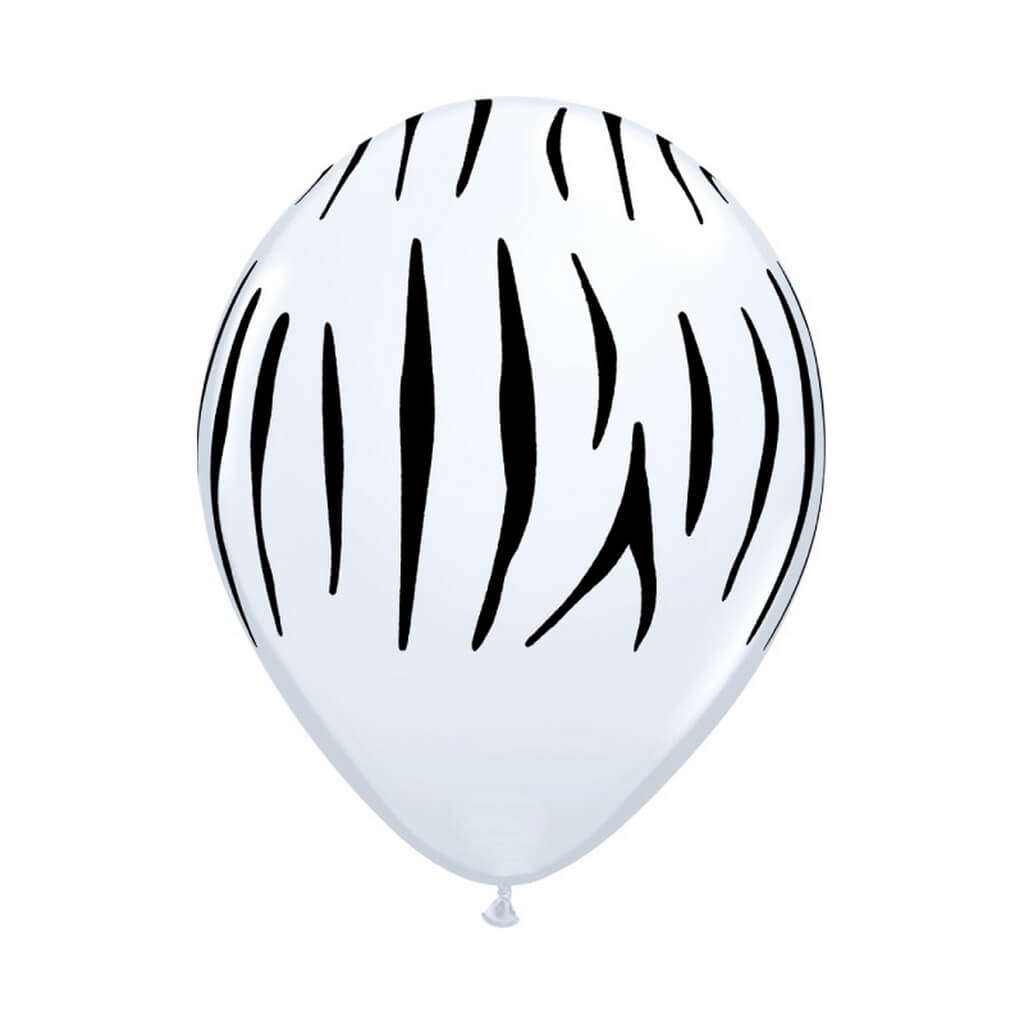 12" Zebra Stripes Print White Latex Balloon 10 Pack - Safari Animal, Jungle Animal, Zoo Themed Party Decorations