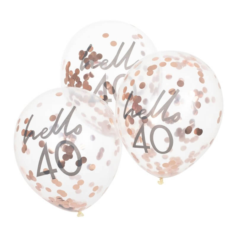 Ginger Ray Rose Gold Confetti 'Hello 40' Balloon 5 Pack