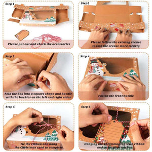 12 x Large Vintage Kraft Paper Christmas Biscuit Boxes with Clear Window, Tags & Rope folding instructions