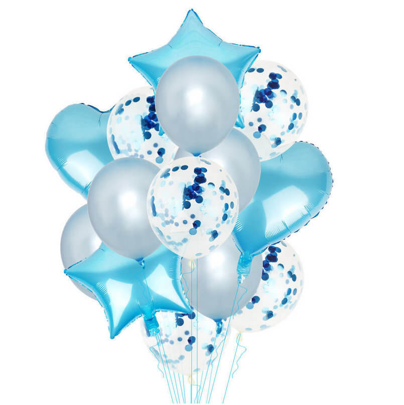 Light Blue Star Heart Wedding Party Balloon Bouquet - 14 Pieces