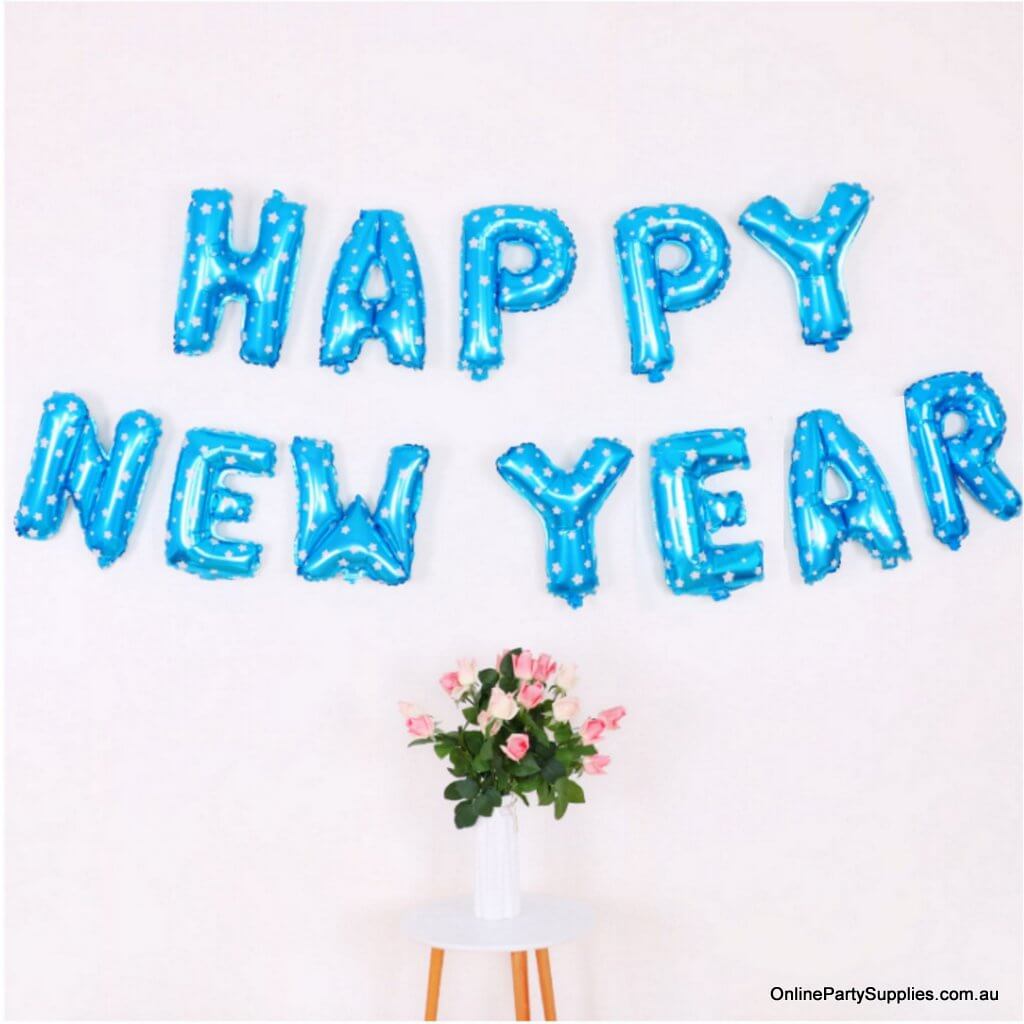 16" Blue White Star HAPPY NEW YEAR Foil Balloon Banner - New Year's Eve Party Decorations