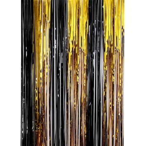 1m x 2m Metallic Black & Gold Tinsel Foil Fringe Rain Curtain