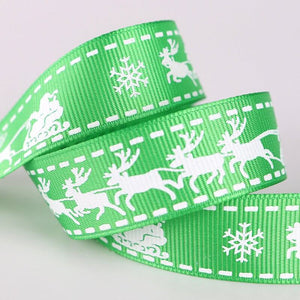 20mm x 9m (10 yards) Green Nordic Reindeer Printed Grosgrain Christmas Ribbon Spool - Christmas Gift Wrapping Supplies