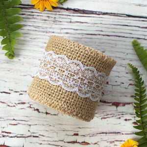 2m Natural Jute Burlap Ribbon Roll with White Lace - Rustic Wedding Decor - Online Party Supplies