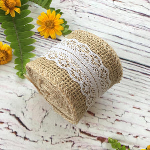 2m Natural Jute Burlap Ribbon Roll with White Lace - Rustic Wedding Decor - Online Party Supplies