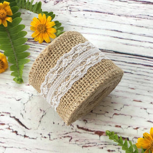 2m Natural Jute Burlap Ribbon Roll with White Lace - Rustic Wedding Decor - Online Party Supplies