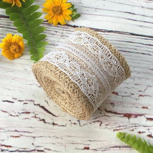 2m Natural Jute Burlap Ribbon Roll with White Lace - Rustic Wedding Decor - Online Party Supplies