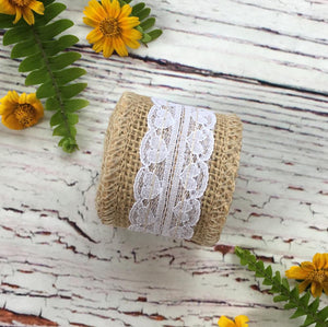 2m Natural Jute Burlap Ribbon Roll with White Lace - Rustic Wedding Decor - Online Party Supplies