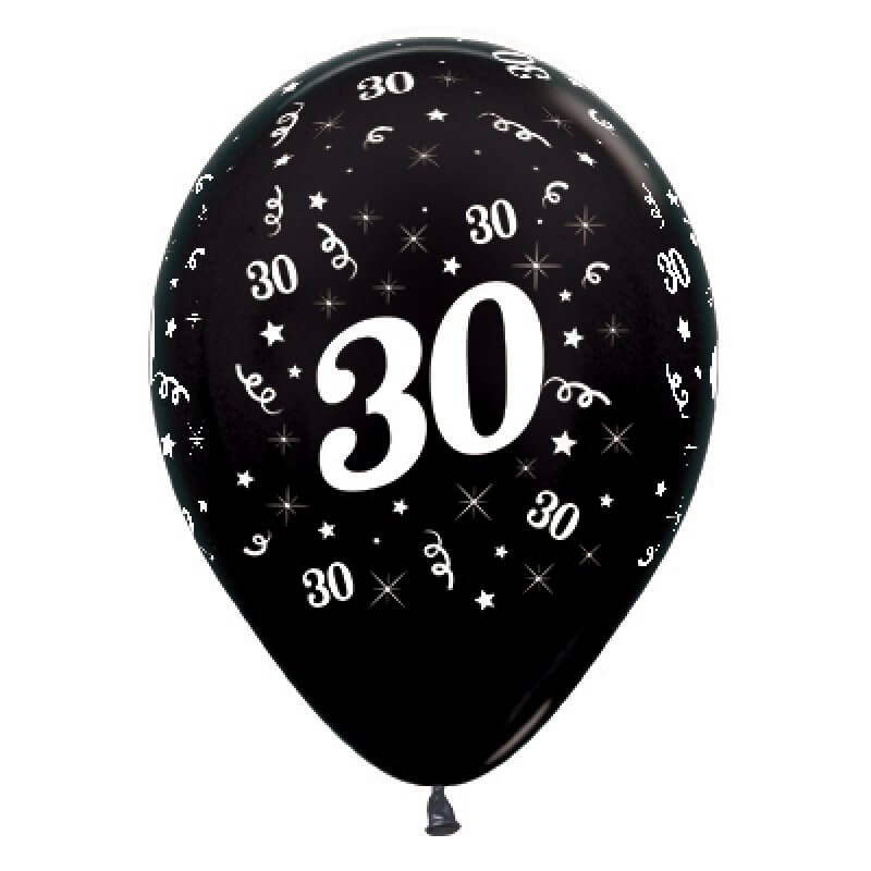Sempertex 30cm Age 30 Metallic Pearl Black Latex Balloon 6 Pack