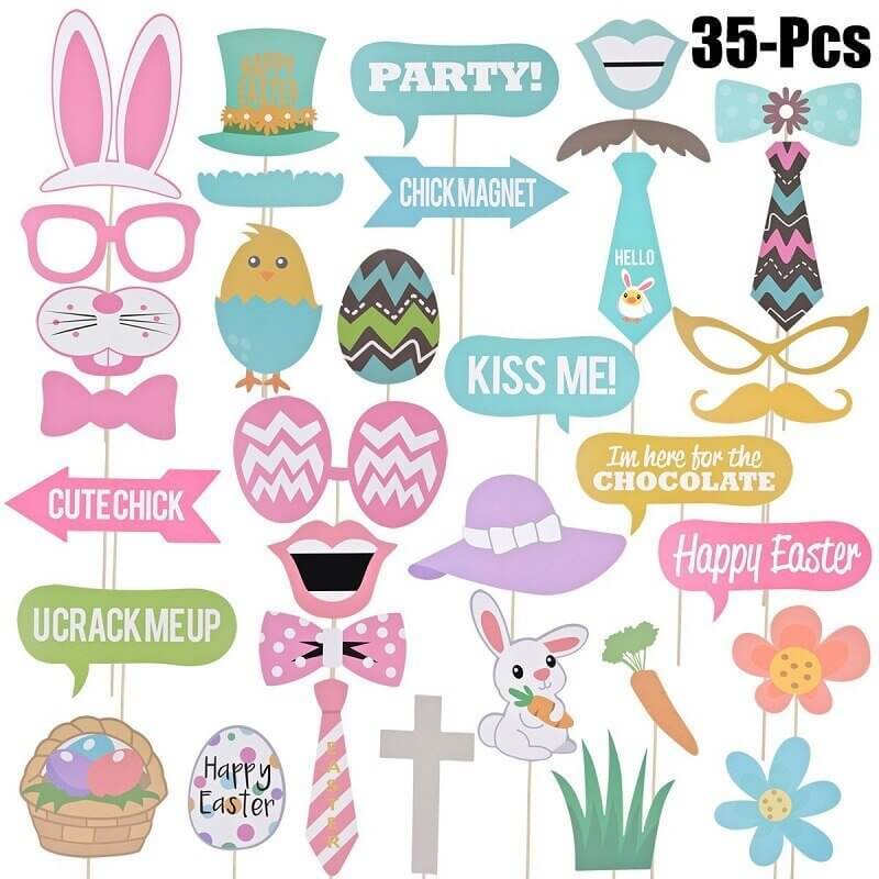 Happy Easter Bunny Rabbit Paper Photo Booth Props Pack of 35 - Easter Themed Party Supplies, Accessories, and Decorations