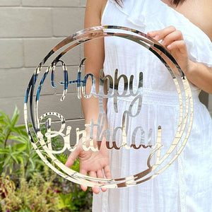 Acrylic Silver Mirror Happy Birthday Geometric Hoop Wall Sign - 40cm