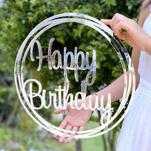 Acrylic Silver Mirror Happy Birthday Geometric Hoop Wall Sign - 40cm