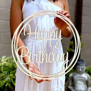 Wooden Happy Birthday Geometric Hoop Wall Sign - 40cm