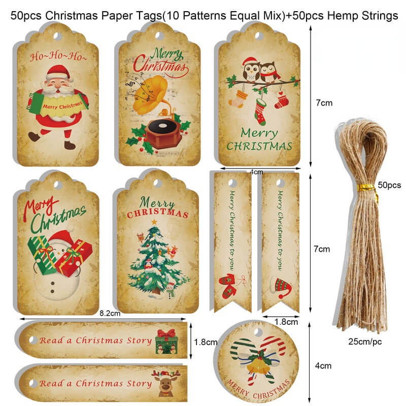 Vintage Christmas Kraft Paper Gift Tags with Twine String 50 Pack