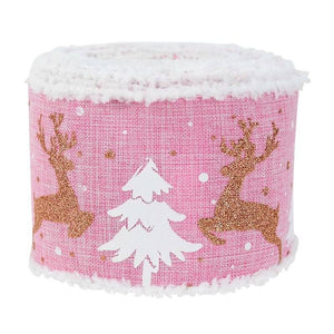 Wired Christmas Tree & Reindeer Hessian Burlap Ribbon Roll - Pink